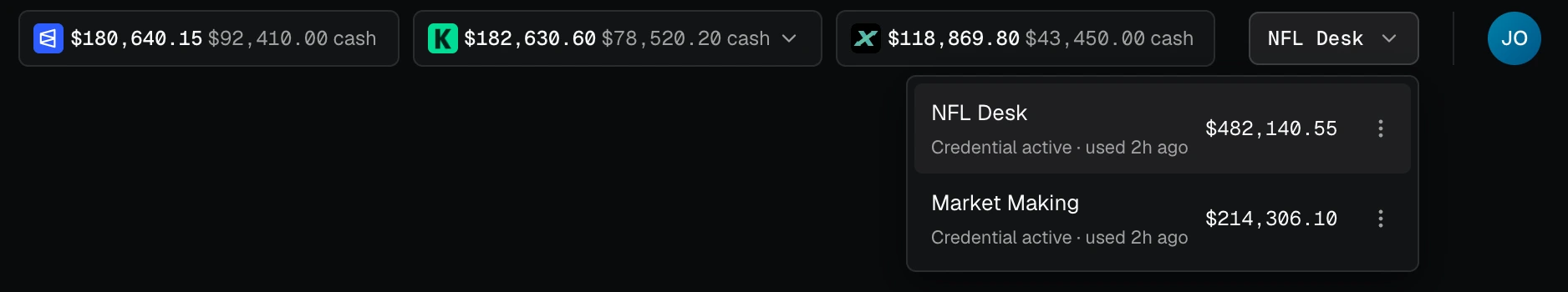 The pod menu open in the top bar while trading as NFL Desk, listing NFL Desk at $482,140.55 and Market Making at $214,306.10, beside NFL Desk's venue balances